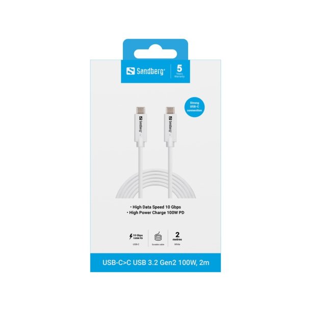 Sandberg USB-C til USB-C kabel 3.2 Gen2 - 100W, 2 meter