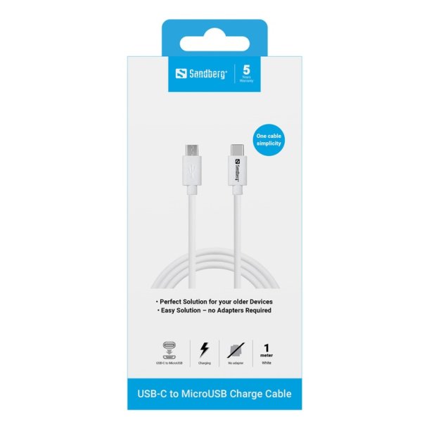 Sandberg USB-C til Micro-USB opladerkabel, 1 meter, hvid