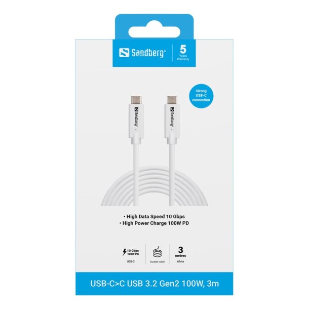 Sandberg USB-C til USB-C kabel 3.2 Gen2 100W - 3 meter