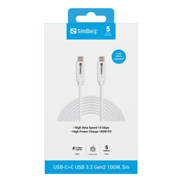 Sandberg USB-C til USB-C kabel 3.2 Gen2 100W - 5 meter