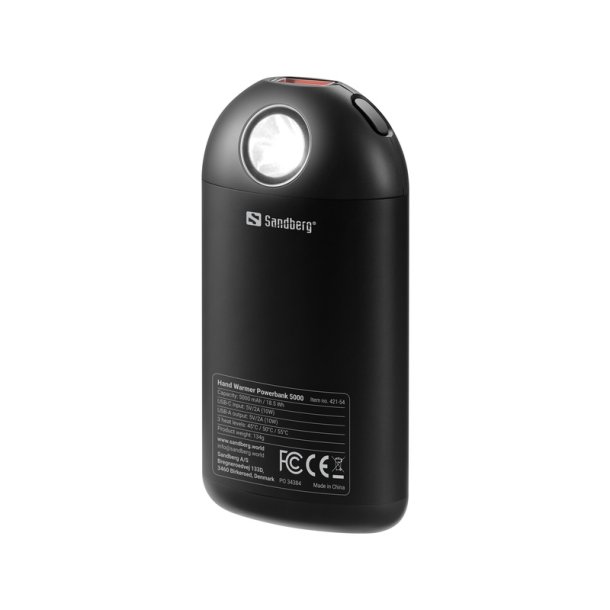 Sandberg - Hand Warmer Powerbank 5000 - Battery operated hand warmer - Black - 55 &deg;C - Battery level, Temperature - 48 m