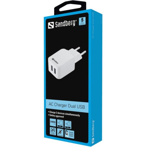 Sandberg AC Charger Dual USB 2A EU - hvid/sort