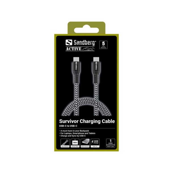 Sandberg Survivor USB-C kabel 1 m 100W - robust flettet kabel i kevlar og nylon