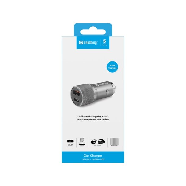 Sandberg biloplader med QC3.0 og USB-C - 48W hurtigoplader til bilen