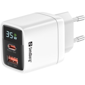 Sandberg 2-i-1 oplader med USB-C og USB-A 35W - hurtigoplader til hjemmet