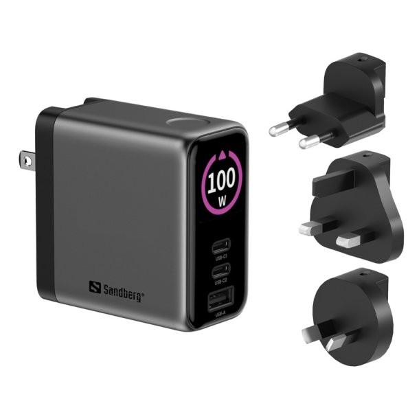 Sandberg Travel Charger PD100W Display - universel rejseoplader med 3 porte