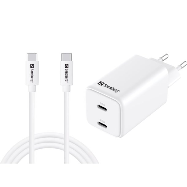 Sandberg AC Charger USB-C PD 65W - hvid oplader med 1,5 m kabel til EU