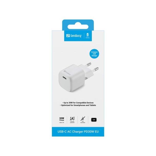 Sandberg - USB-C AC Charger PD30W EU - Smartphone, Tablet, Universal - AC - Indoor - 1 - 3.0 - 30 W