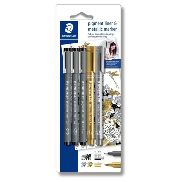 Staedtler Fineliner - pigment - liner - sort - + - slv - og - guld - 3+2 stk.