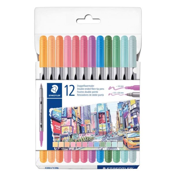 Staedtler Tusser - 3200 Duo - Bred/Fin Spids - 12 Stk - Pastel Farver