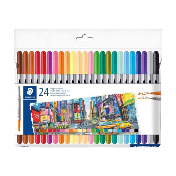 Staedtler Tusser - 3200 Duo - Bred/Fin Spids - 24 Stk - Assorterede Farver