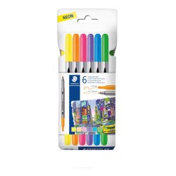 Staedtler Tusser - 3200 Duo - Bred/Fin Spids - 6 Stk - Neon Farver