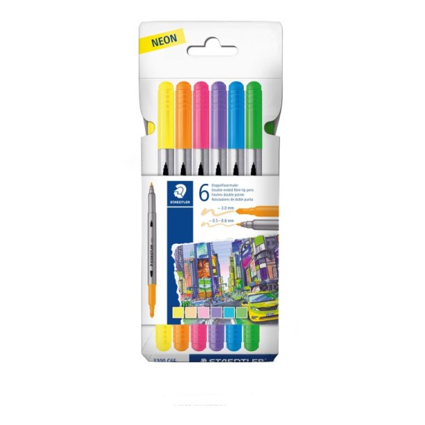 Staedtler Tusser - 3200 Duo - Bred/Fin Spids - 6 Stk - Neon Farver