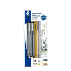 Staedtler Fineliner 308 pigment - 0,3/0,5/0,7mm sort + 1 slv 1 guld