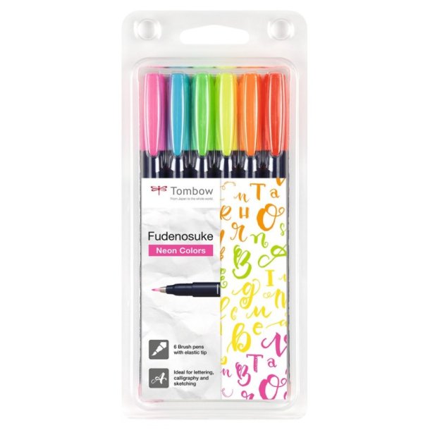 Tombow Marker - Fudenosuke - hrd - 6 stk. assorteret neon farver