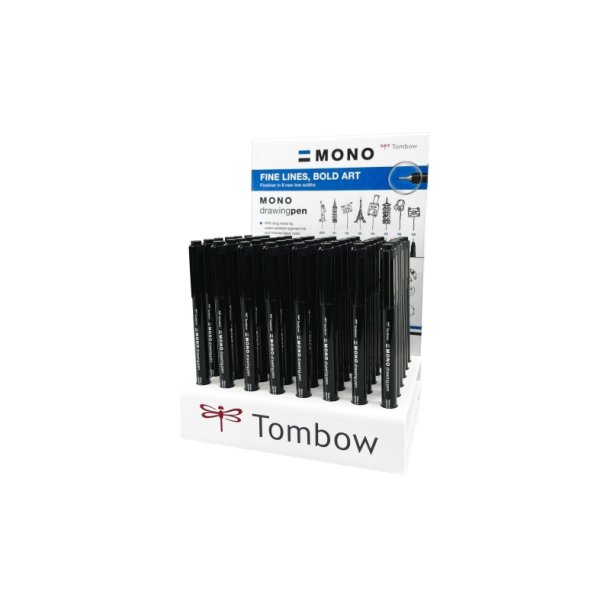 Tombow Fineliner Mono Display med indhold - lang rund Spids - 6 stk. af hver bredde - 48 stk. sort