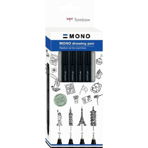 Tombow Fineliner Mono st - lang rund Spids - 0,30/0,40/0,50/0,60 mm - 4 stk. sort