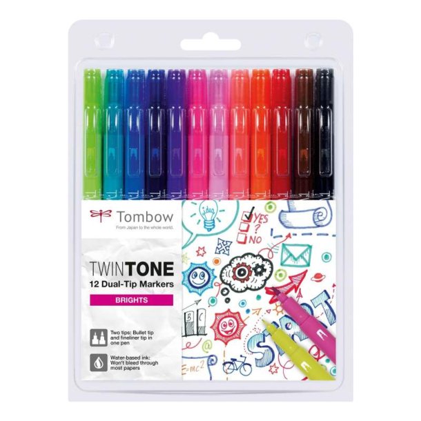 Tombow Marker - TwinTone - bright - 0,3 mm + 0,8 mm - 12 stk. assorteret lyse farver