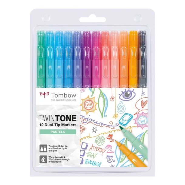 Tombow Marker - TwinTone - pastel - 0,3 mm + 0,8 mm - 12 stk. assorteret pastel farver