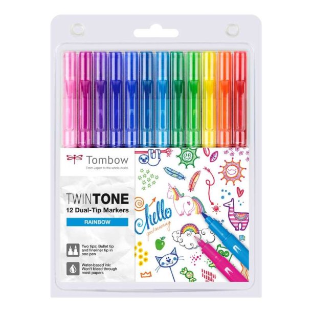 Tombow Marker - TwinTone - Rainbow - 0,3 mm + 0,8 mm - 12 stk. assorteret regnbue farver