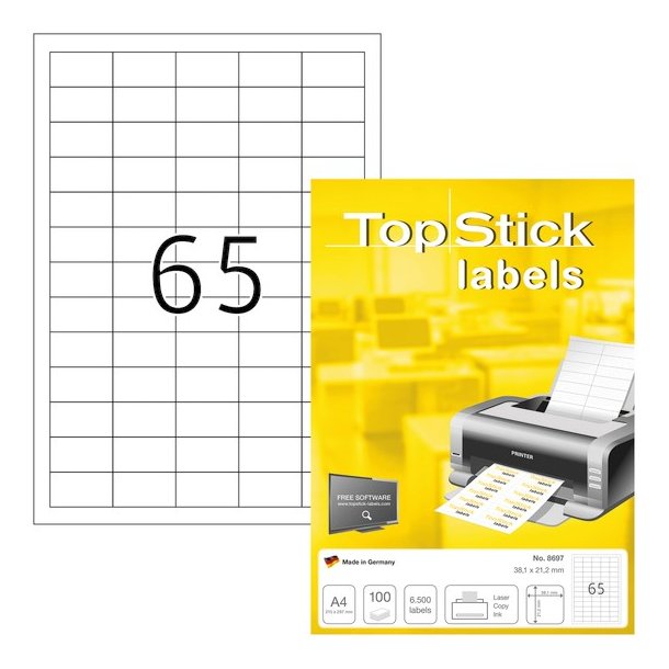 Topstick Etiketter - hvide p A4 ark ark<br>38,1mmx21,2mm - 100 ark<br>Permanent klbende