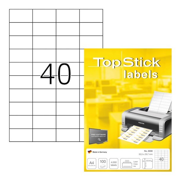 Topstick Etiketter - hvide p A4 ark ark<br>52,5mmx29,7mm - 100 ark<br>Permanent klbende