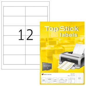 Topstick Etiketter - hvide p A4 ark - 96,5mmx42,3mm - 100 ark - Permanent klbende