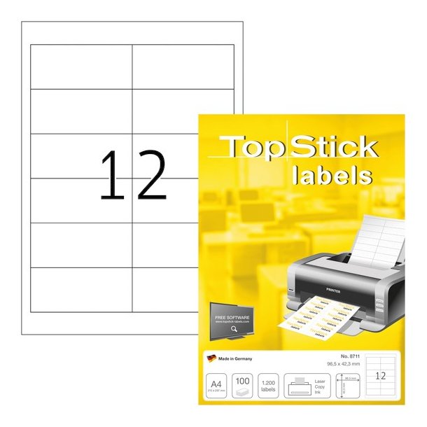 Topstick Etiketter - hvide p A4 ark ark<br>96,5mmx42,3mm - 100 ark<br>Permanent klbende