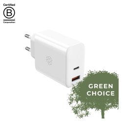 Upstr&ouml;m &Euml;ssentials 65W GaN Charger - USB-A og USB-C - 100% genbrugt plast