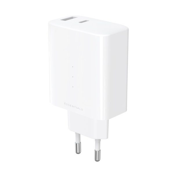 Upstr&ouml;m &Euml;ssentials 65W GaN Charger - USB-A og USB-C - 100% genbrugt plast