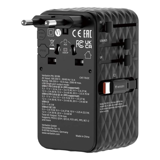 Verbatim - Charge 'n' Travel 70W 2C retractable Universal Travel Adapter Sort - Universal - AC - 1 - 14 - Indoor - 4