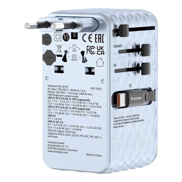 Verbatim - Charge 'n' Travel 70W 2C retractable Universal Travel Adapter Blue - Universal - AC - 1 - 14 - Indoor - 4