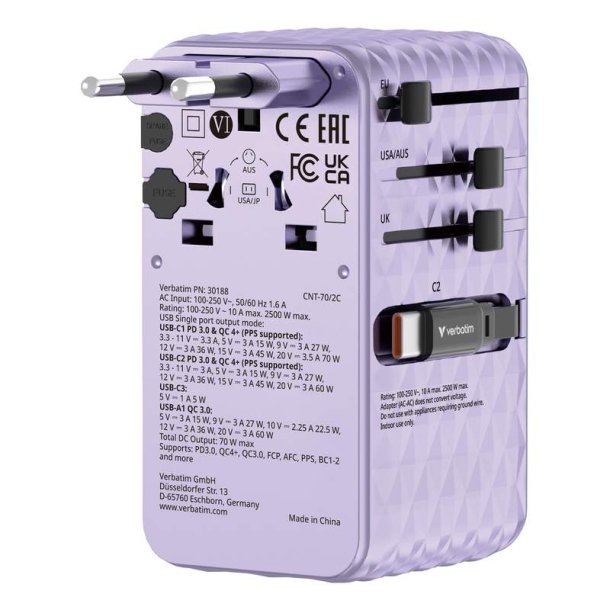 Verbatim - Charge 'n' Travel 70W 2C retractable Universal Travel Adapter Purple - Universal - AC - 1 - 14 - Indoor - 4