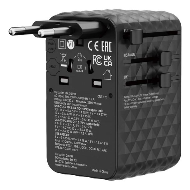 Verbatim - Charge 'n' Travel 170W Universal Travel Adapter Sort - Universal - AC - 1 - 3 - 14 - Indoor