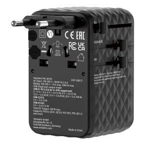 Verbatim - Charge 'n' Travel 100W Universal Travel Adapter with retractable cable Sort - Universal - AC - 2 - 14 - Indo