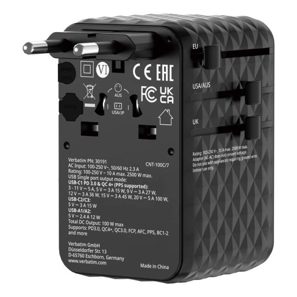 Verbatim - Charge 'n' Travel 100W Universal Travel Adapter with retractable cable Sort - Universal - AC - 2 - 14 - Indo
