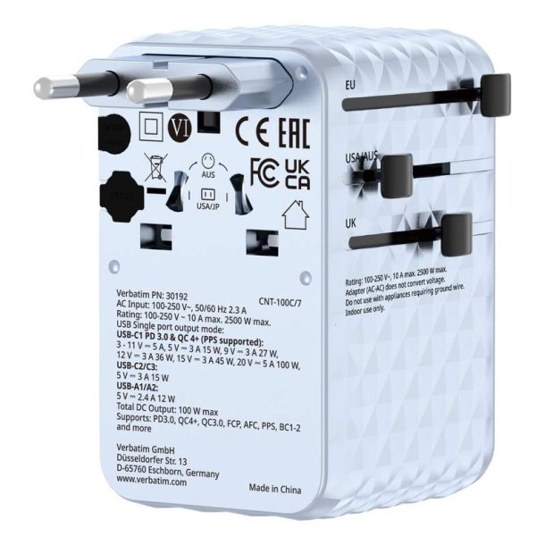 Verbatim - Charge 'n' Travel 100W Universal Travel Adapter with retractable cable Blue - Universal - AC - 2 - 14 - Indoo