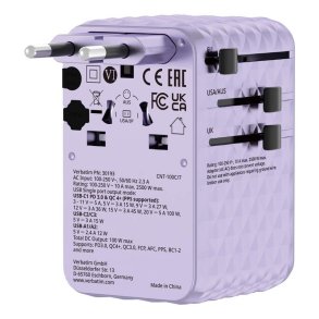 Verbatim - Charge 'n' Travel 100W Universal Travel Adapter with retractable cable Purple - Universal - AC - 2 - 14 - Ind
