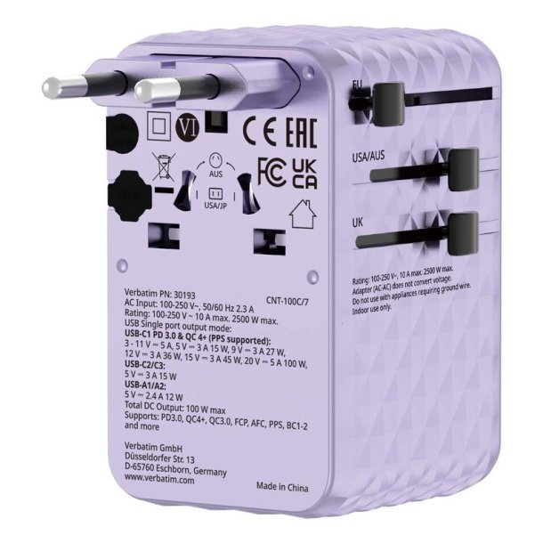 Verbatim - Charge 'n' Travel 100W Universal Travel Adapter with retractable cable Purple - Universal - AC - 2 - 14 - Ind