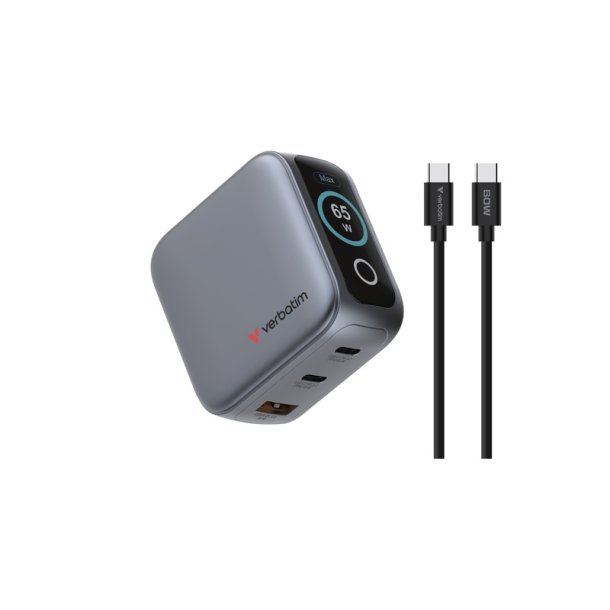 Verbatim - Mini GaN Charger 65W with Display - Universal - AC - 2 - 1 - Power Delivery 3.0, Quick Charge 3.0 - Indoor