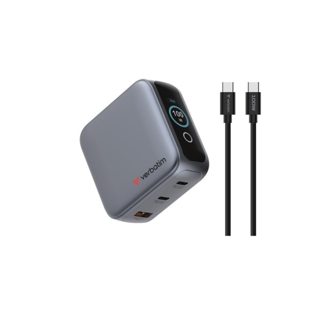 Verbatim - Mini GaN Charger 100W with Display - Universal - AC - 2 - 1 - Power Delivery 3.0, Quick Charge 3.0 - Indoor