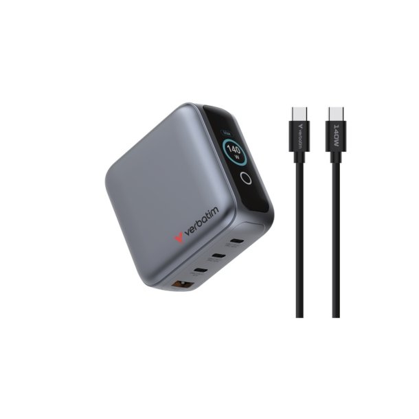 Verbatim - Mini GaN Charger 140W with Display - Universal - AC - 3 - 1 - Power Delivery 3.0, Quick Charge 3.0 - Indoor
