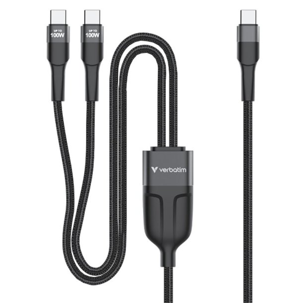 Verbatim - Sync &amp; Charge C to C+C 100W 150cm - Grey - USB 2.0 - USB C - 2 x USB C - Male - Straight - Polyester, Thermop