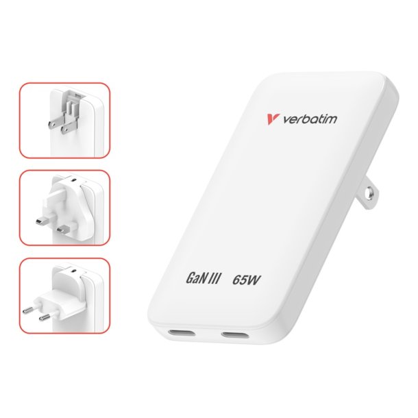 Verbatim Essentials Slim GaN Wall Charger 65W US/EU/UK - Hvid - Universal - AC - 2 - Indoor - 3.0 - 65 W