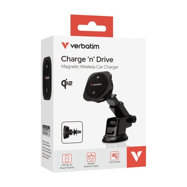 Verbatim - Charge 'n' Drive Qi2 Magnetic Wireless Car Charger - Smartphone - USB - Qi2 - Auto - 1 - Over current, Over v