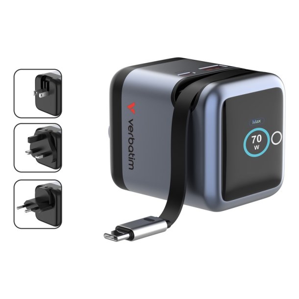 Verbatim Mini GaN Charger 70W with Display and USB-C cable - Universal - AC - 2 - 1 - Indoor - 3