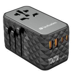 Verbatim - UTA-06 100W GaN III Universal Travel Adapter with 2 x USB-C PD & QC 4+ & 2 x USB-A QC 3.0 ports - Indoor - Bl