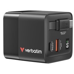 Verbatim - GaN Charger 65W 2 Port retractable cable display US plugs with EU and UK adaptors - Universal - AC - 1 - Quic