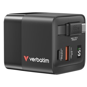 Verbatim - GaN Charger 65W 2 Port retractable cable display US plugs with EU and UK adaptors - Universal - AC - 1 - Quic