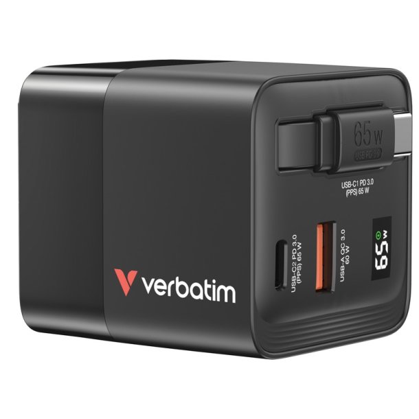 Verbatim - GaN Charger 65W 2 Port retractable cable display US plugs with EU and UK adaptors - Universal - AC - 1 - Quic